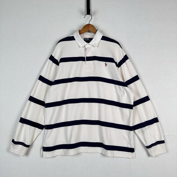 Vtg Polo Ralph Lauren‎ Rugby Polo Shirt Men's XXL Custom Fit White Blue Striped